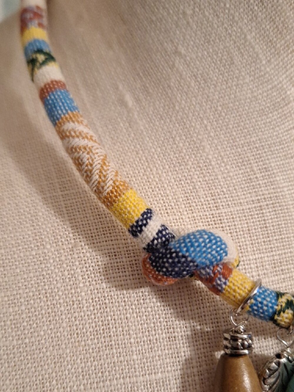 Boho Turquoise Pendant Bead Necklace On Multicolor Fabric Cord - Picture 4 of 7